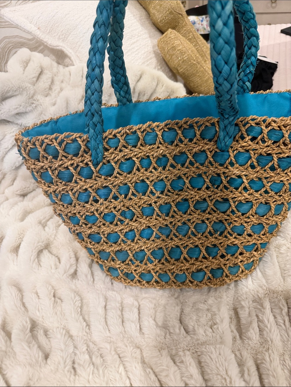 Woven Straw Tote Bag with Teal Liner